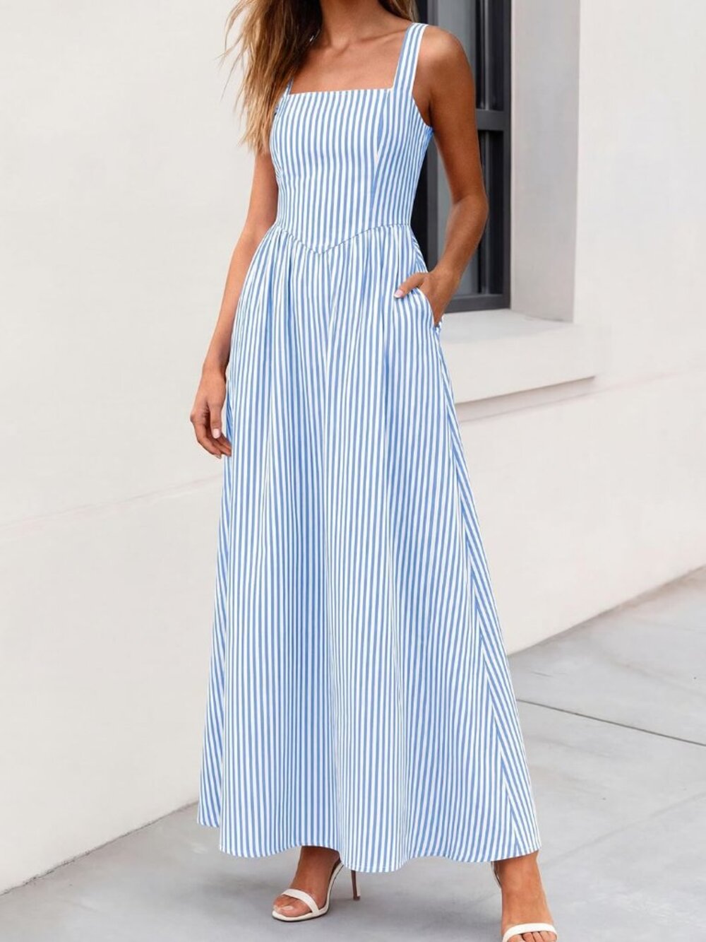PRETTYGARDEN Blue Striped Maxi Dress M - Picture 5 of 10